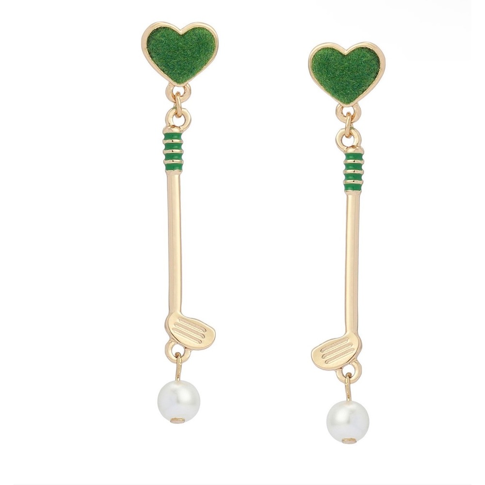Betsey Johnson Golf Club Heart Pearl Drop Earrings Green Gold Novelty NWT